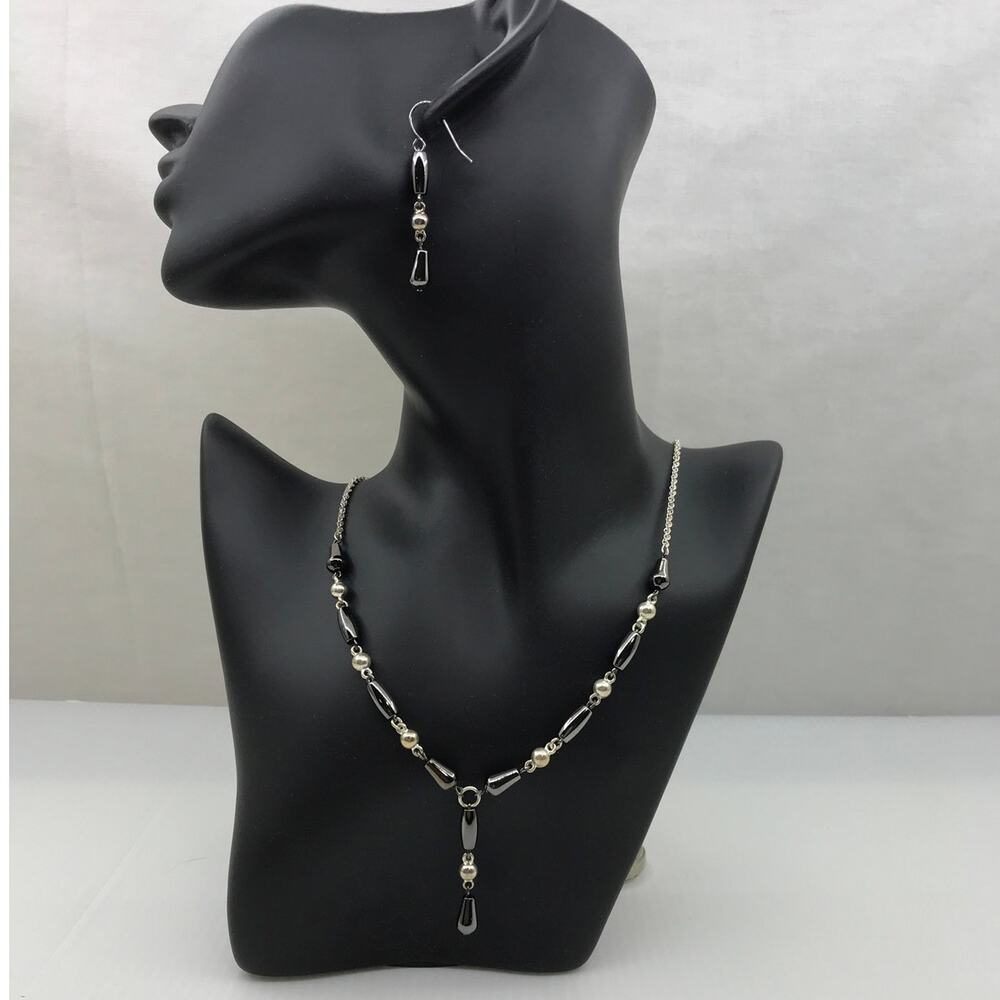 Vintage Premier Designs Hematite Silver Tone Y-Drop Necklace Earring Set Goth